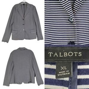 Talbots Blazer Jacket Size XL Navy Blue White Striped Cotton Stretch Knit